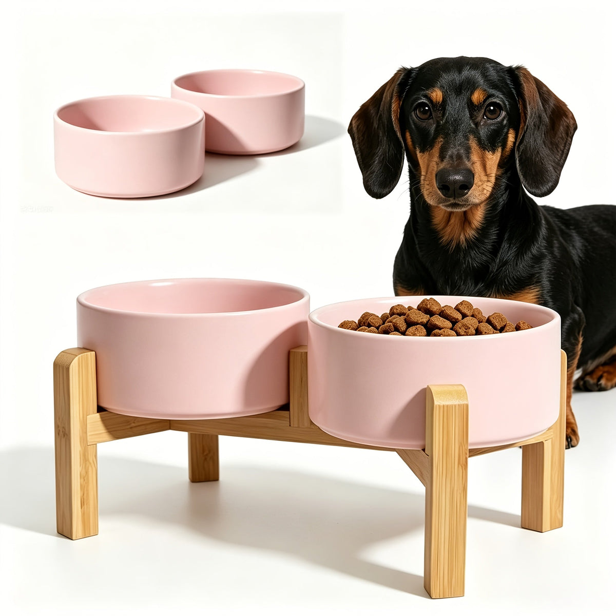 Ensemble de gamelles surélevées en céramique pour chien avec support en bambou - Double gamelle surélevée antidérapante de 850 ml pour chiens, chats et chiots, gamelle anti-glouton à hauteur réglable avec rangement (4 couleurs)