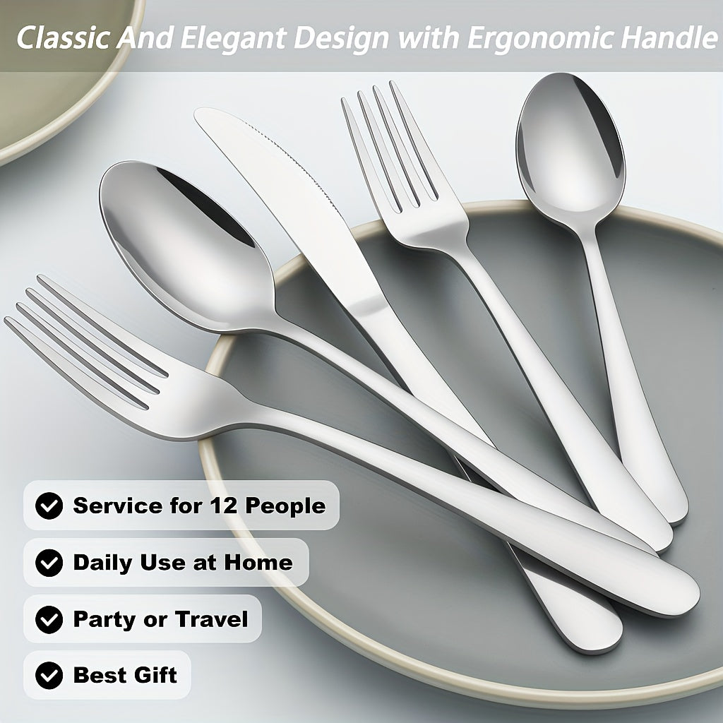 Ensemble de couverts en acier inoxydable 60/90 pièces – Argenterie pour 12 à 18 personnes avec coffret cadeau, couteaux à steak, fourchettes à salade, cuillères à dessert, lavable au lave-vaisselle, pour la maison, mariage, camping, fête, Halloween
