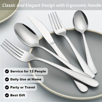 Ensemble de couverts en acier inoxydable 60/90 pièces – Argenterie pour 12 à 18 personnes avec coffret cadeau, couteaux à steak, fourchettes à salade, cuillères à dessert, lavable au lave-vaisselle, pour la maison, mariage, camping, fête, Halloween