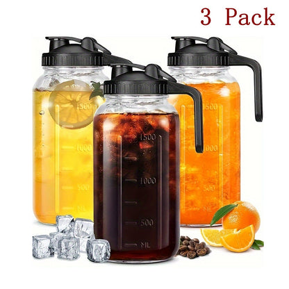 Bocal Mason de 1,9 L (64 oz) avec anse et couvercle – Carafe à boisson en verre borosilicaté de haute qualité sans BPA, étanche, lot de 2/3, pour le sport, l'extérieur, jus, eau, kombucha, cadeau de fête
