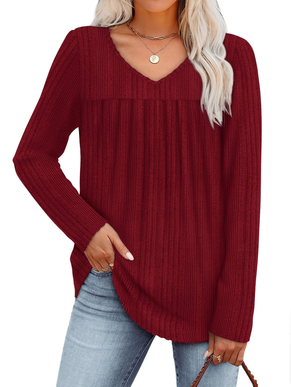Haut-pull à manches longues et col en V pour femme – Chemisier décontracté et léger à pli frontal, chemise élégante et ample, plusieurs couleurs, tailles S à XXL