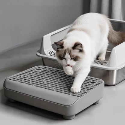 Tapis de litière pour chat double épaisseur avec rebord et pieds amovibles – Conception filtrante antidérapante et étanche, facile à nettoyer, convient à la plupart des bacs à litière, gris clair