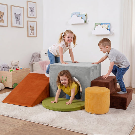 Blocs d'escalade en mousse pour tout-petits, ensemble de 6 pièces - Aire de jeux intérieure douce en velours avec toboggan, arche, tunnel et escaliers | Structures de jeu sensorielles légères et empilables pour enfants de 3 ans et plus