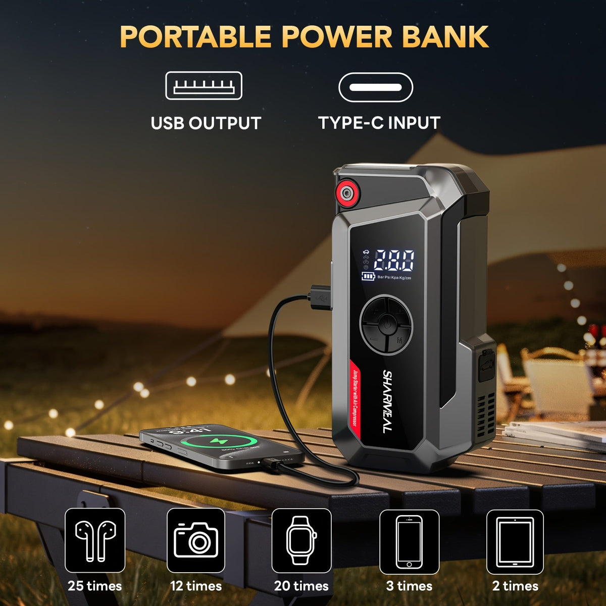 Démarreur de voiture 20000A avec compresseur d'air, batterie externe portable 18-en-1 – Pinces intelligentes, charge rapide, lampe LED, grand écran pour tous moteurs essence et diesel, booster de batterie de voiture d'urgence