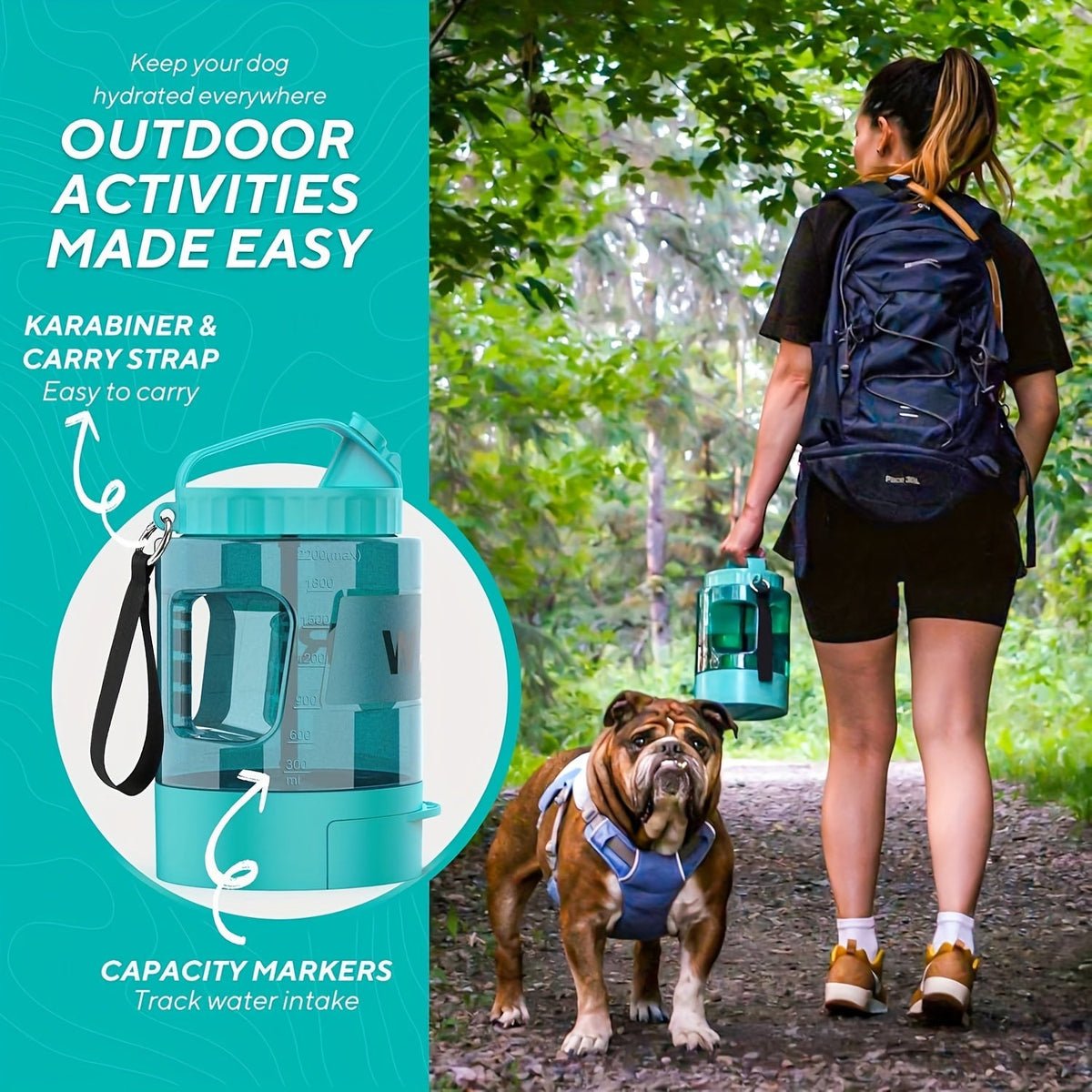 Gourde de voyage pour chien 2,2 L avec gamelle rétractable - Distributeur 2-en-1 portable grande capacité, anti-fuite, pour randonnée, camping, plage et trajets en voiture, dragonne et mousqueton inclus, bleu lagon