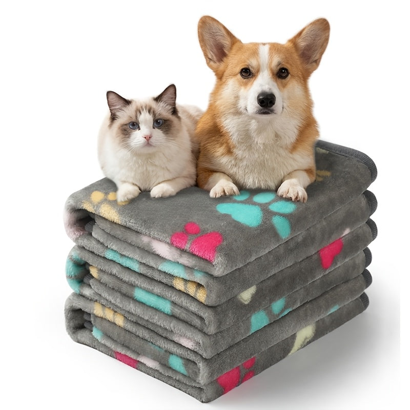 Fleece Pet Blanket 3-Pack for Dogs Cats & Puppies – Super Soft Fluffy Tear-Resistant Flannel Throw, Paw Print Brown Pink White, Machine Washable, Includes Free Pet Drying Towel