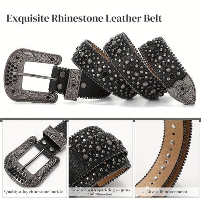 Rhinestone Belt Unisex Western Cowgirl Bling Belt – Sparkling Faux Leather Adjustable Waist Belt with Alloy Buckle for Women Men Sizes S-XL Party Festival Halloween Christmas Gift