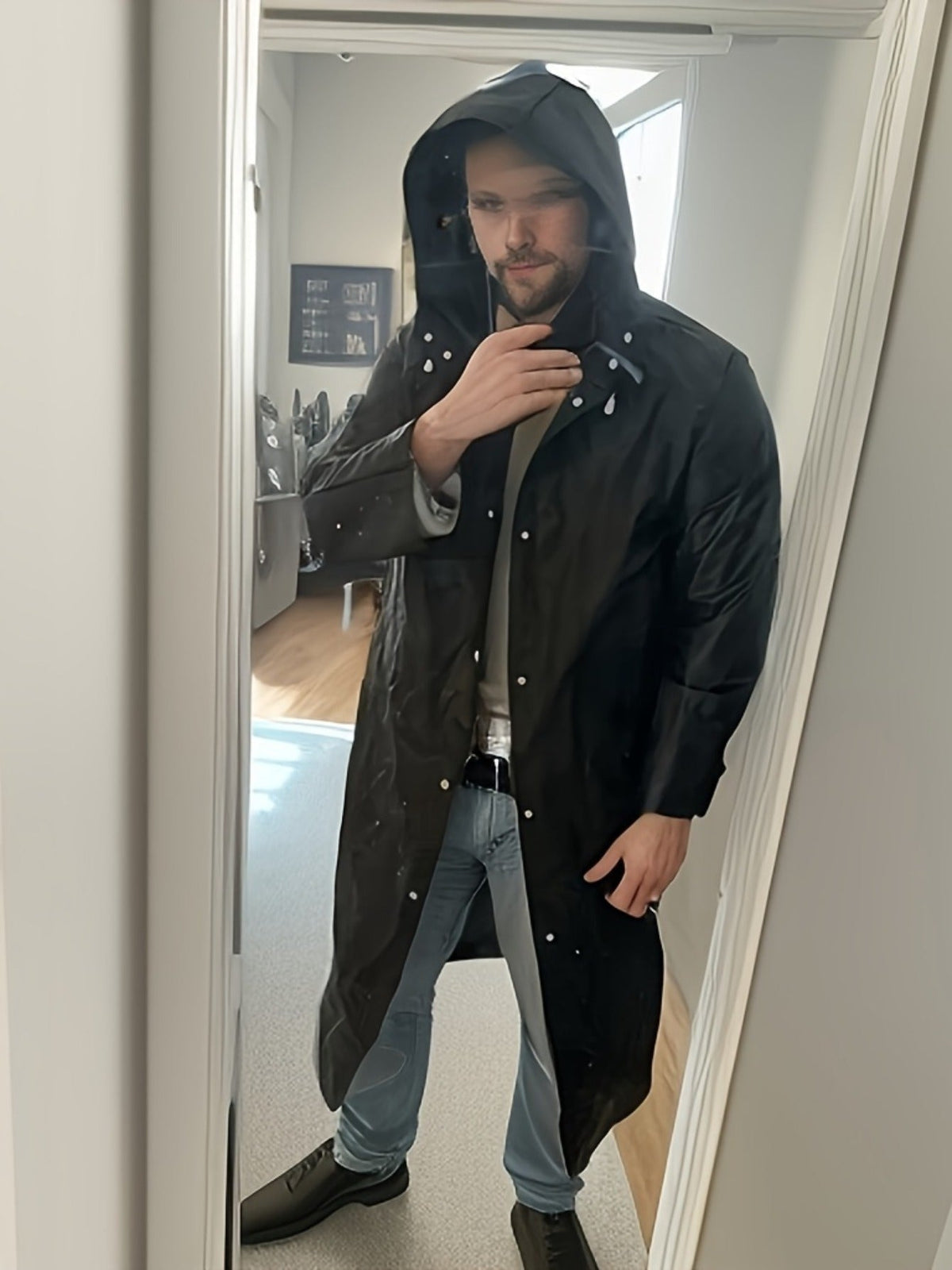Imperméable à capuche pour hommes et femmes, veste de pluie longue, ample et ajustable par cordon de serrage, imperméable pour le cyclisme, la randonnée, la pêche et les sports de plein air, manteau de pluie noir minimaliste, tailles L à XXXL