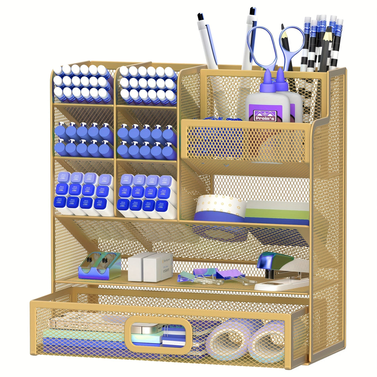 Organisateur de bureau en maille avec tiroir et porte-stylo – Rangement pour crayons pour bureau, école et atelier d'art, design en maille respirante, disponible en noir, jaune et bleu