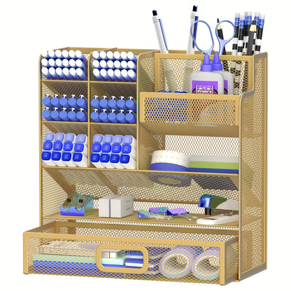 Organisateur de bureau en maille avec tiroir et porte-stylo – Rangement pour crayons pour bureau, école et atelier d'art, design en maille respirante, disponible en noir, jaune et bleu