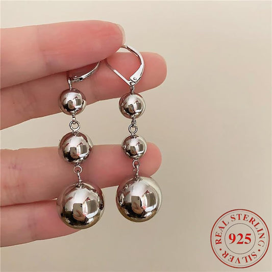 Boucles d'oreilles pendantes à trois billes en argent sterling S925 pour femmes – Design long rétro français, style vintage élégant, tons doré et argenté