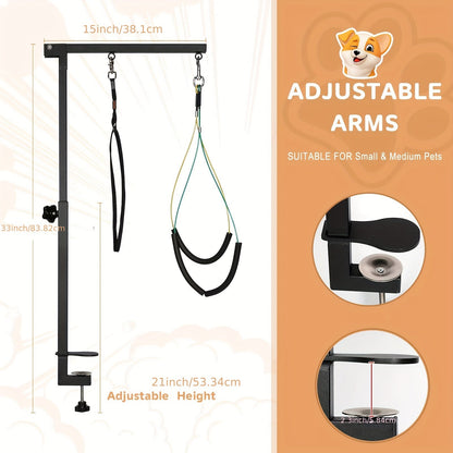 Bras de toilettage réglable et pliable avec pince pour table – Support de hanche et boucle 2-en-1 pour table de toilettage, hauteur 20-33 pouces (50-84 cm), bras de contention portable pour petits chiens et chiots, table non incluse
