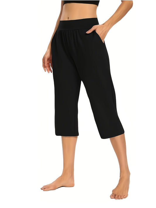 Pantalon court à enfiler taille haute pour femme – Pantalon corsaire léger à taille élastique extensible avec poches pour l'été et les tenues décontractées
