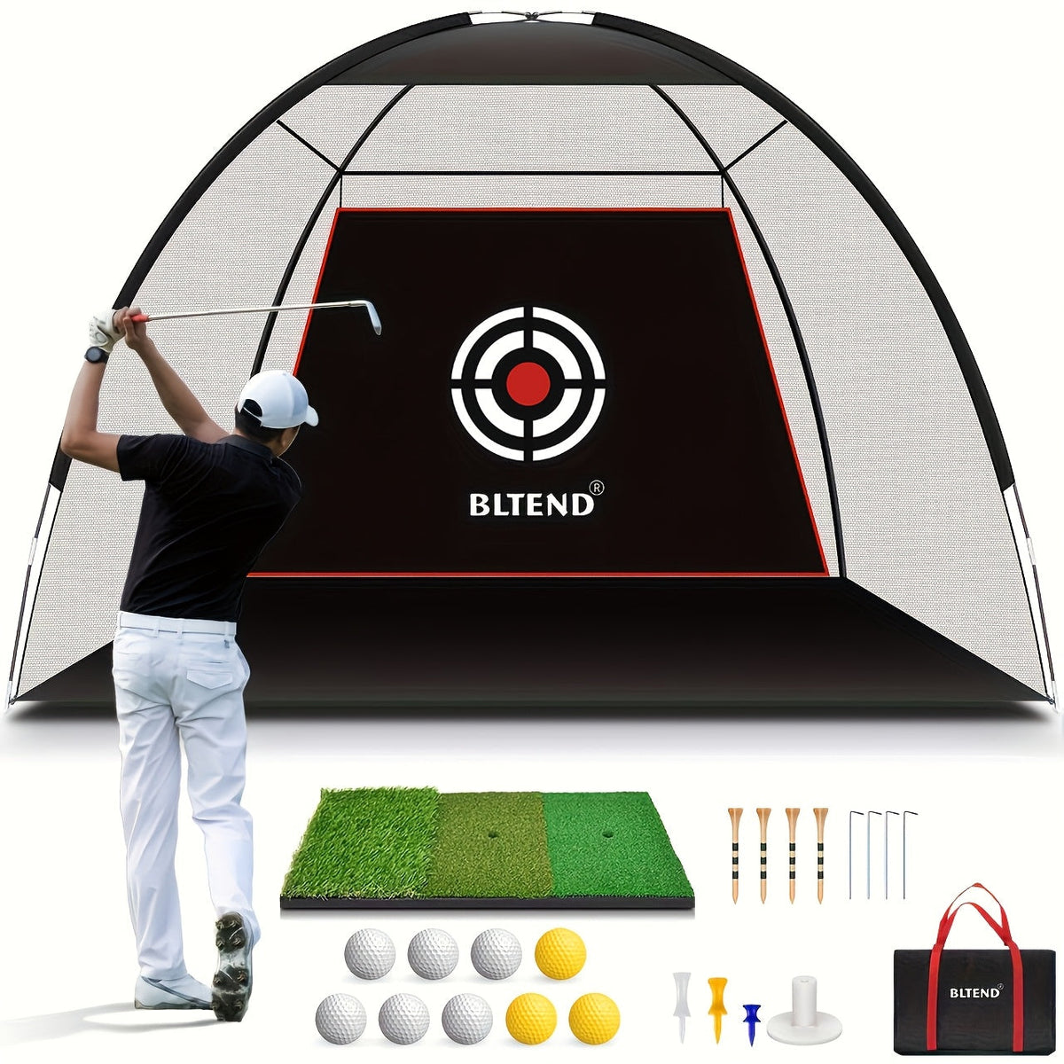 Filet de pratique de golf 10x7 pi avec tapis, balles, tees et sac de transport – Filet de frappe robuste pour jardin, sous-sol et usage intérieur/extérieur, équipement d'entraînement de golf, cadeau pour hommes et femmes