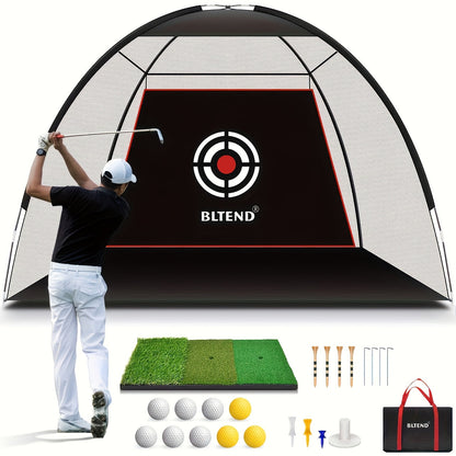 Filet de pratique de golf 10x7 pi avec tapis, balles, tees et sac de transport – Filet de frappe robuste pour jardin, sous-sol et usage intérieur/extérieur, équipement d'entraînement de golf, cadeau pour hommes et femmes