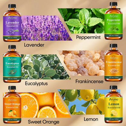 Huiles essentielles 100 % naturelles 118 ml – Lavande, eucalyptus, encens, menthe poivrée, citron, orange douce pour diffuseur, aromathérapie, savon, bougie, huile corporelle
