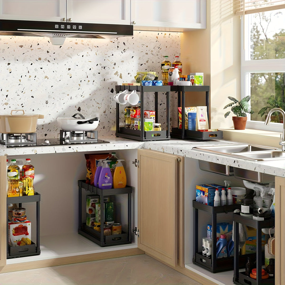 Organisateur sous évier, lot de 2 paniers coulissants à double niveau avec 8 crochets, extensible – Étagère de rangement pour cuisine et salle de bain, blanc lunaire, noir, gris