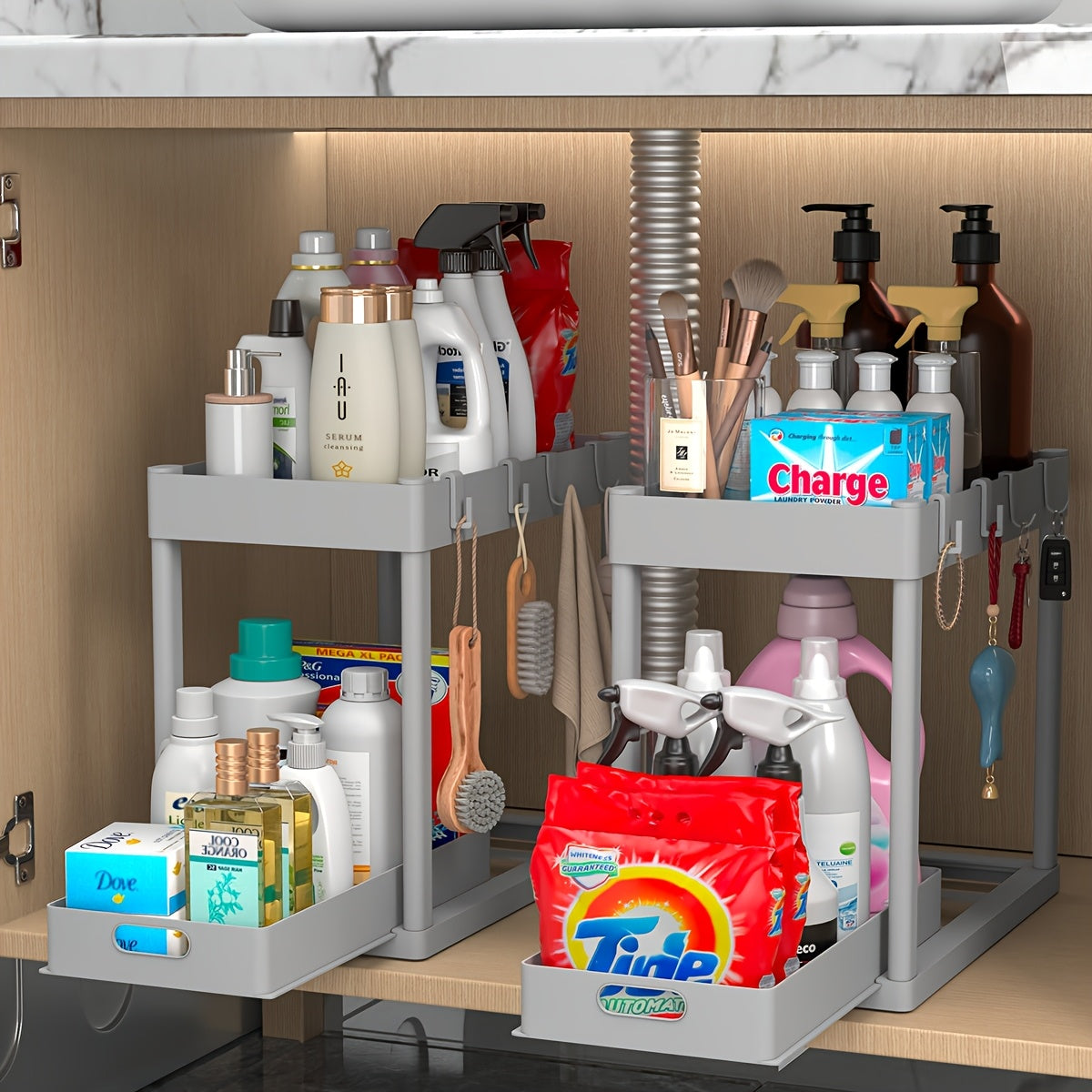 Ensemble de 2 organisateurs sous évier – Tiroirs coulissants à deux niveaux avec 8 crochets, solution de rangement pour meuble de salle de bain sous comptoir, paniers à étagères polyvalents pour cuisine et salle de bain, noir blanc gris