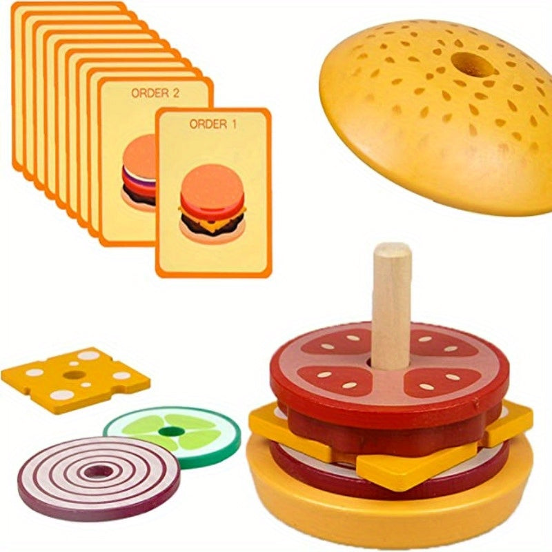 Ensemble de jeu de construction de hamburger en bois, jeu de motricité fine avec pièces alimentaires et cartes de commande, jouet Montessori d'imitation pour tout-petits de 3 ans et plus, cadeau d'anniversaire, d'Halloween, de Thanksgiving et de Noël