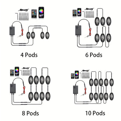 Kit de lumières LED RGB pour camions et pick-ups – Activation sonore, contrôle par application et télécommande, éclairage néon multicolore pour châssis, 9 grosses ampoules LED, 4/6/8/10 modules d'éclairage de bas de caisse
