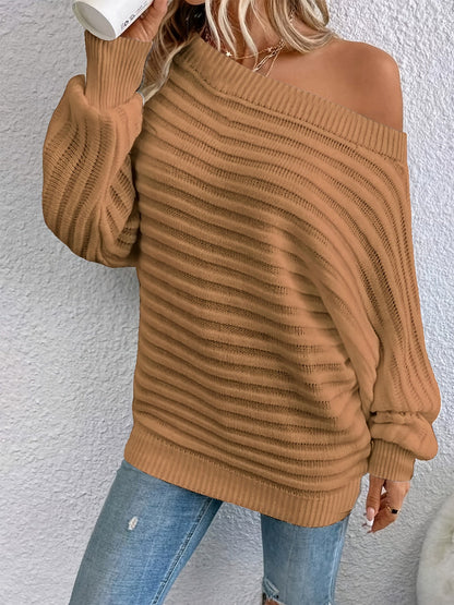 Pull-over à col rond en tricot ajouré avec manches chauve-souris pour femme, haut à manches longues de couleur unie, S-XL, 12 couleurs