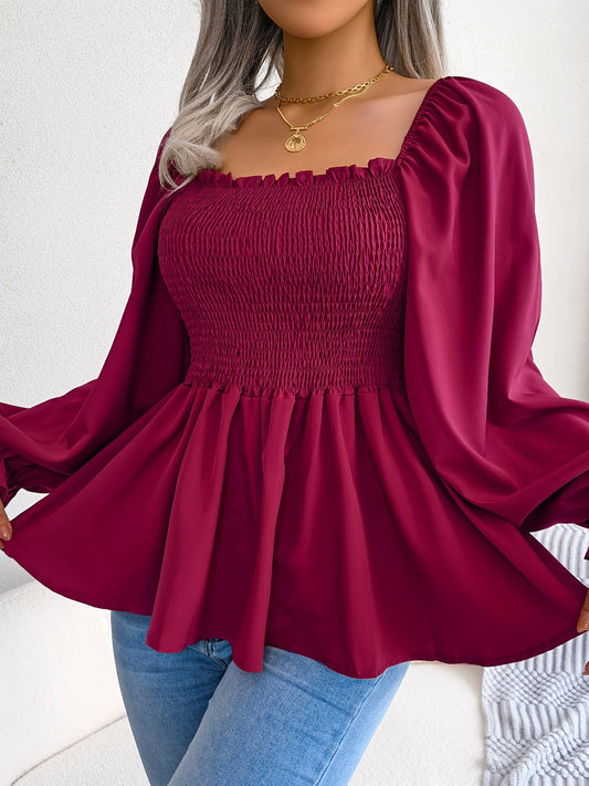 Blouse en mousseline à encolure carrée pour femme, haut à manches volantées et ourlet à volants | Chemisier décontracté en polyester tissé, manches longues évasées, couleur unie, tailles S M L XL