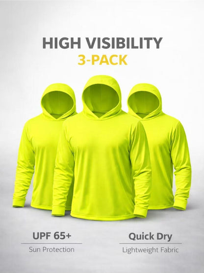 Lot de 3 sweats à capuche de protection solaire UPF 50+ pour homme, manches longues, évacuation de l'humidité, séchage rapide, respirant, t-shirt de performance pour randonnée, pêche, course à pied – Tailles S à XXXL, jaune fluorescent