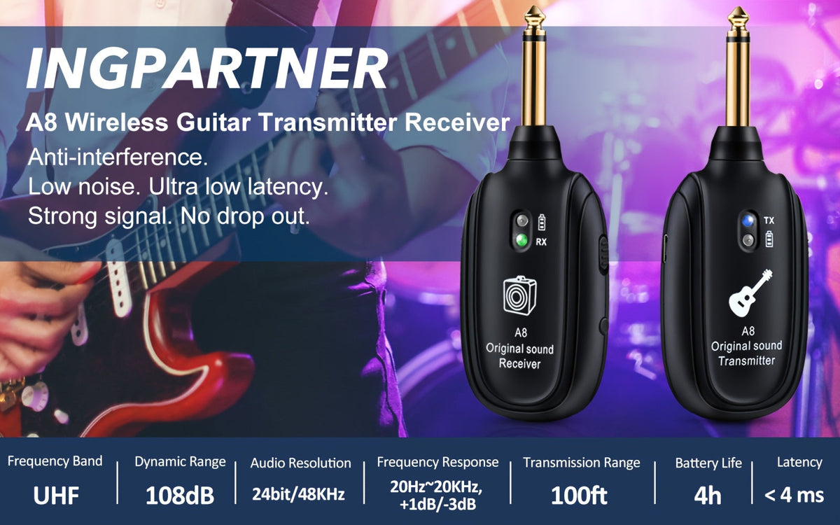 Système sans fil pour guitare A8 avec émetteur et récepteur rechargeables intégrés – Audio stéréo, chargement USB, compatible avec guitare électrique, basse et violon, fonctionne avec les amplificateurs