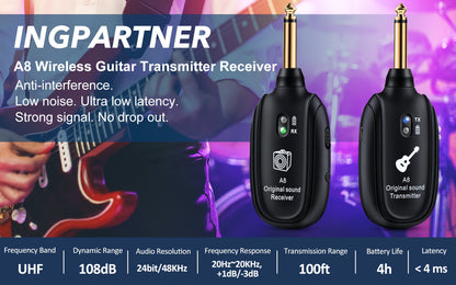 Système sans fil pour guitare A8 avec émetteur et récepteur rechargeables intégrés – Audio stéréo, chargement USB, compatible avec guitare électrique, basse et violon, fonctionne avec les amplificateurs