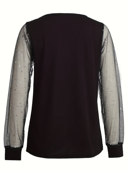 Women's Elegant Sequin Lantern Sleeve Blouse Solid Color Mesh Lace Trim Round Neck Stretchy Top 95% Polyester Spring Summer Fall S-XXL