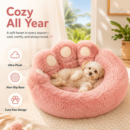 Panier rond pour chien et chat motif patte d’ours – Lit apaisant et doux pour animal de compagnie, antidérapant, chaud et confortable, petit, moyen, grand modèle, 50/60/70/90 cm, café/rose/gris