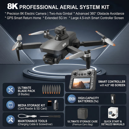 Pro 8K EIS Drone with 2-Axis Mechanical Gimbal, Optical Zoom, 5G Transmission, 4.5" Screen Remote, 40-Min Battery Life, 11811ft Control Range – Professional Aerial Camera Drone for Adults