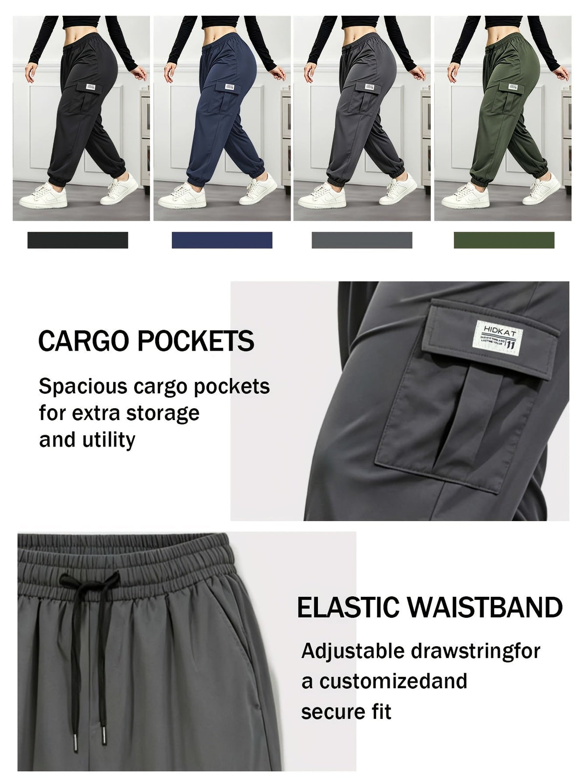 Pantalon cargo pour femme avec poches zippées – Taille élastique à cordon de serrage, grandes poches, pantalon décontracté pour l'extérieur, noir, gris, vert, bleu, XS-XXL