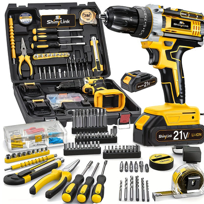 Ensemble de perceuse sans fil 21V, 18 à 148 pièces | Perceuse-visseuse électrique rechargeable avec 2 batteries, embouts de vissage, outils à main et boîte à outils – Kit complet de réparation domestique pour bricolage, cadeau pour homme