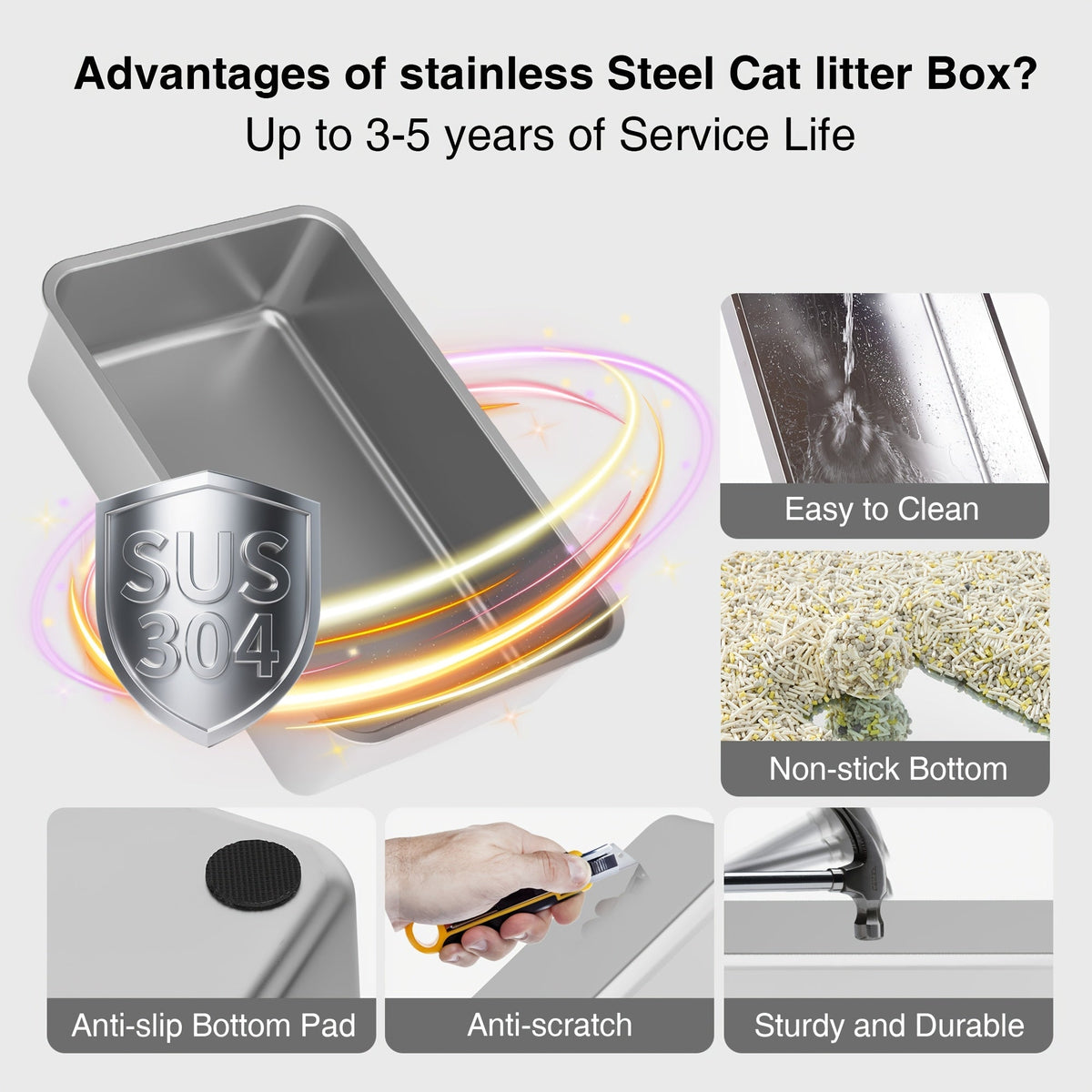 Bac à litière pour chat surdimensionné en acier inoxydable avec couvercle, toilette intérieure pliable anti-éclaboussures avec porte à rabat avant et contrôle supérieur des odeurs