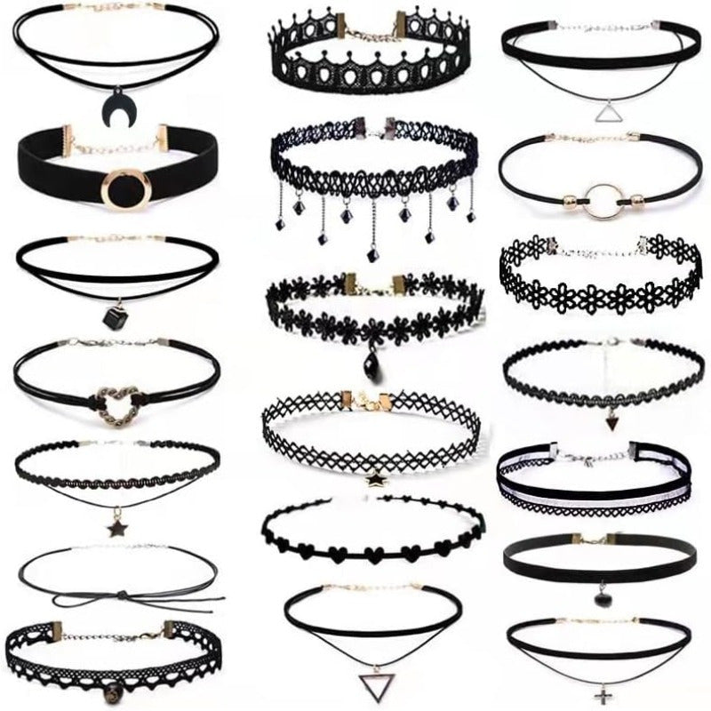 Lot de 20 colliers ras-de-cou gothiques en velours pour femme – Style tatouage en dentelle noire Y2K avec motifs cœur, lune, croix et pendentifs, bijoux tendance pour le cou, cadeau pour fête, festival et usage quotidien
