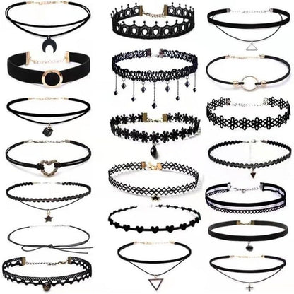 Lot de 20 colliers ras-de-cou gothiques en velours pour femme – Style tatouage en dentelle noire Y2K avec motifs cœur, lune, croix et pendentifs, bijoux tendance pour le cou, cadeau pour fête, festival et usage quotidien