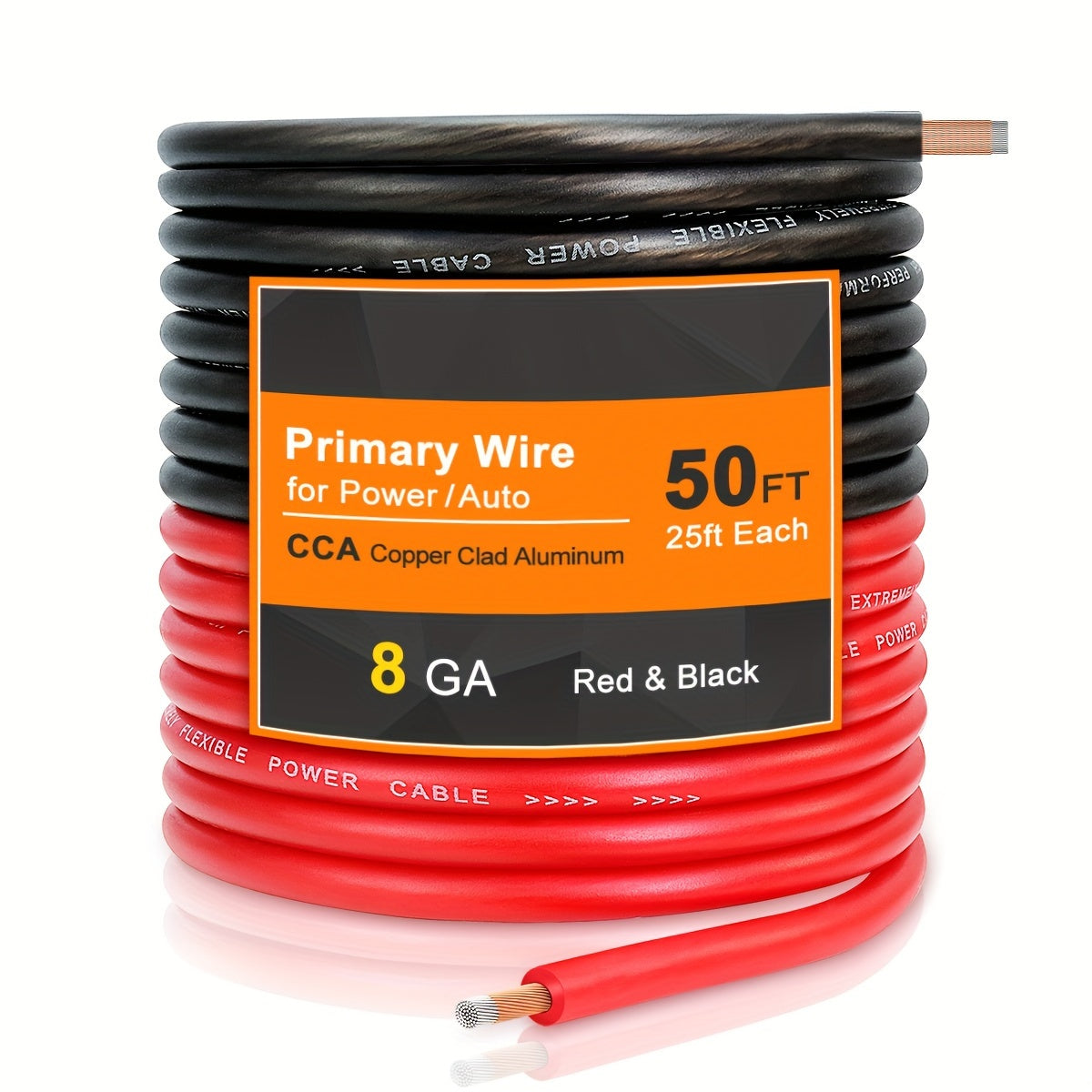 Kit de câbles d'alimentation et de masse CCA de calibre 8, 50 pi (25 pi rouge + 25 pi noir) pour autoradio, amplificateur, haut-parleur, marine, soudage et câblage électrique automobile