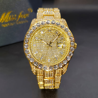 Montre à quartz pour homme avec strass, style classique business, affichage de la date, bracelet en alliage de zinc, argenté et doré, style luxueux, cadeau pour lui