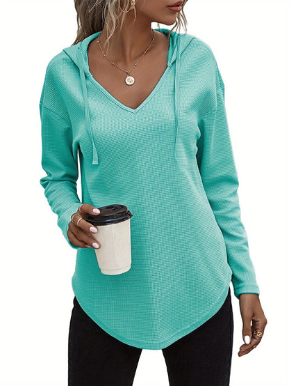 Sweat-shirt à capuche pour femme avec ourlet asymétrique, col en V et cordon de serrage - Pull décontracté à manches longues en maille pour l'automne et l'hiver