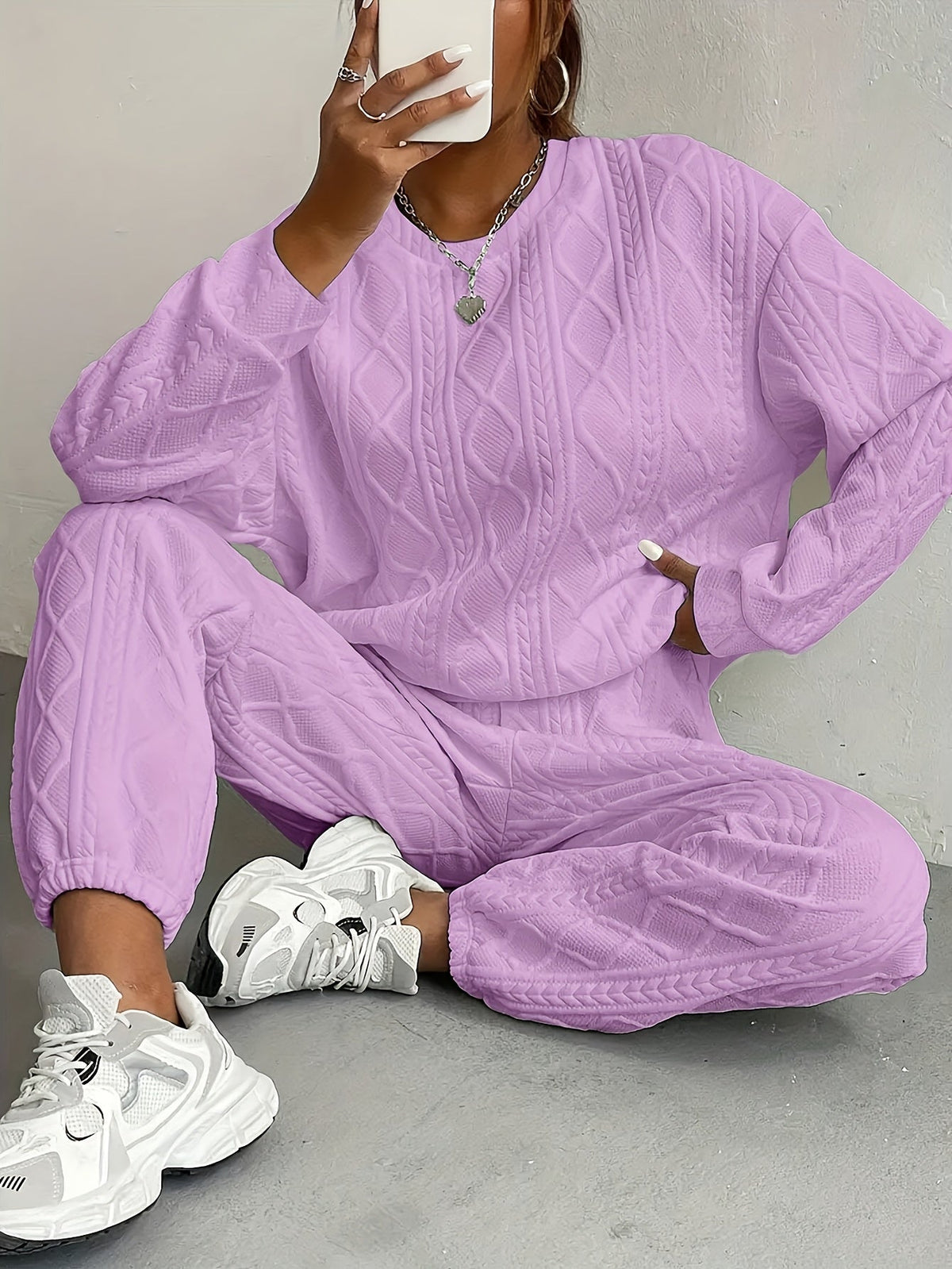 Ensemble survêtement 2 pièces pour femme – Haut à manches longues et col rond en jacquard texturé et pantalon de jogging, tenue de détente décontractée et respirante pour le printemps et l'été S-XXL