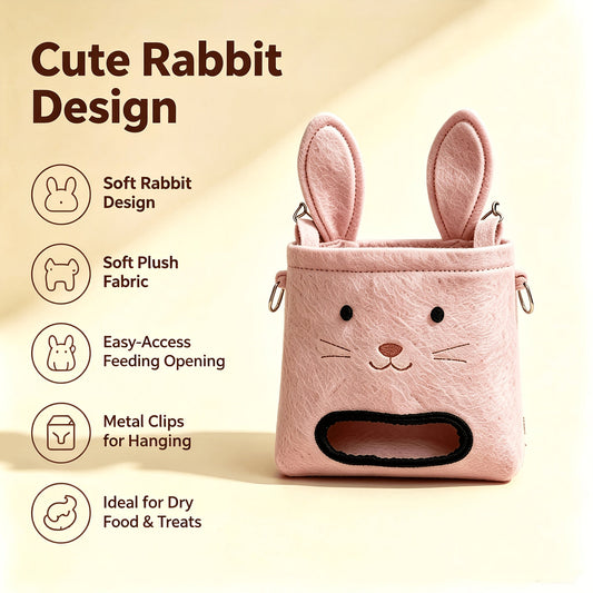 Sac à foin en forme de lapin pour cage, sac à foin suspendu en peluche douce avec crochet en métal pour lapins et cochons d'Inde, mangeoire anti-gaspillage pour petits animaux, accessoire de cage mignon pour foin