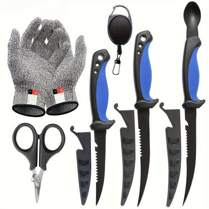 Ensemble de 3 couteaux de pêche avec lames en acier inoxydable, couteaux à fileter, désosser et vider avec gants résistants aux coupures, coupe-fil de pêche et cordon – Cadeau de pêche unique pour pêcheurs et campeurs