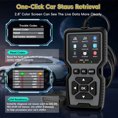 Outil de diagnostic OBD2, lecteur de codes défaut moteur universel avec fonction de réinitialisation, modes 6 & 8, test de préparation I/M – Compatible avec toutes les voitures, camions et SUV OBDII depuis 1996 – Gris