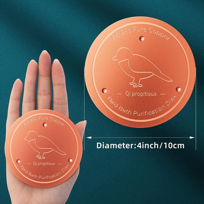 Disque de purification en cuivre et agitateur d'eau pour bain d'oiseaux, 99 % cuivre pur, rond de 10 cm, support renforcé à trois points de 1 mm pour une eau propre et sûre – Ajustement universel pour bassin d'oiseaux extérieur, toutes saisons