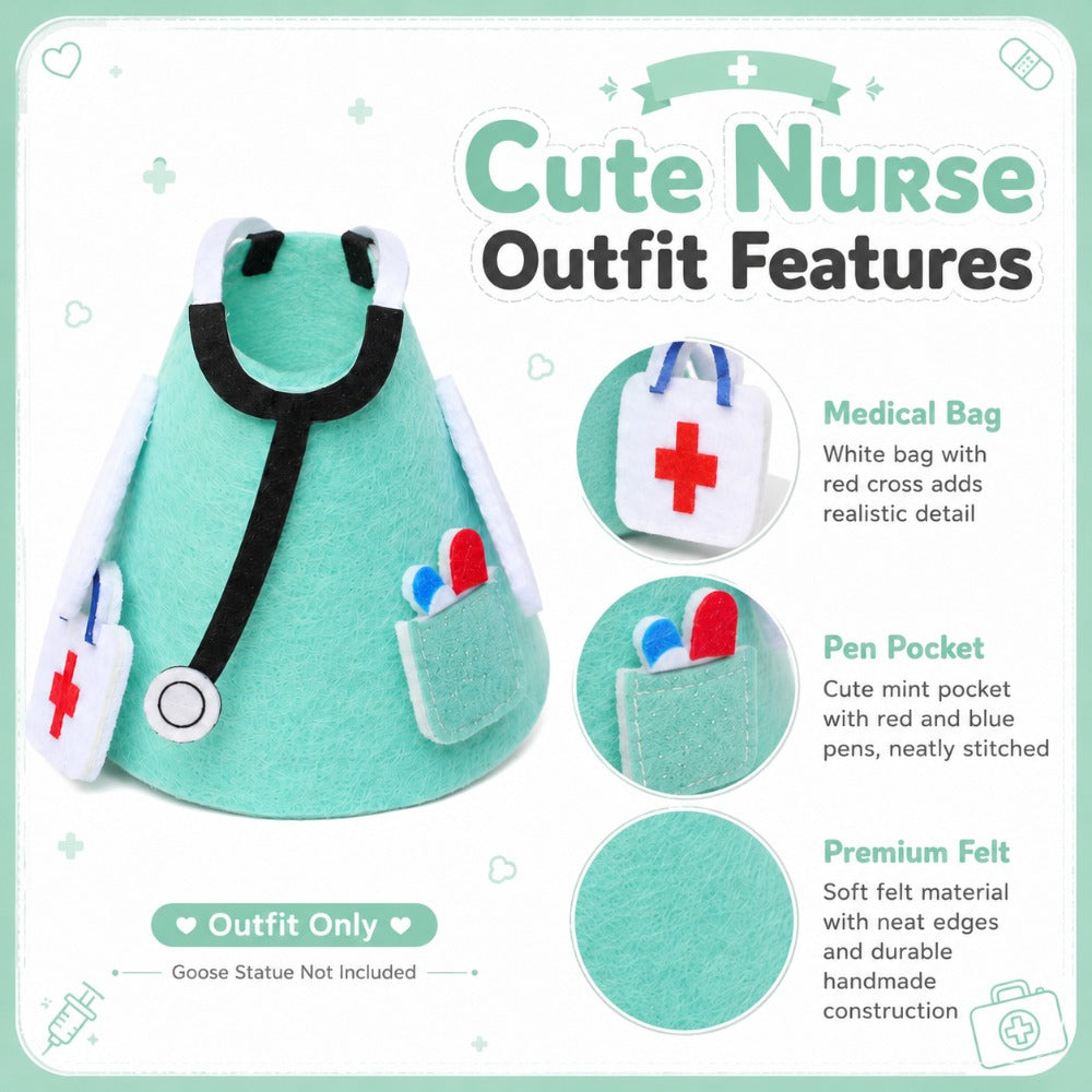 Ensemble de tenue médicale miniature pour figurine d'oie de bureau de 18 cm – Costume de docteur en feutrine avec chapeau vert menthe, stéthoscope et sac bandoulière, accessoire décoratif amusant pour bureau et cadeau original