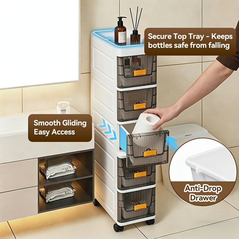 Meuble de rangement fin à roulettes avec tiroirs, organisateur en PP imperméable à 3, 4, 5 ou 6 niveaux pour salle de bain, cuisine, chambre, petits espaces – Tour de rangement étroite