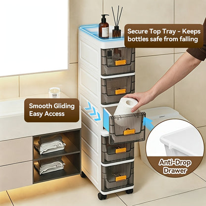 Meuble de rangement fin à roulettes avec tiroirs, organisateur en PP imperméable à 3, 4, 5 ou 6 niveaux pour salle de bain, cuisine, chambre, petits espaces – Tour de rangement étroite