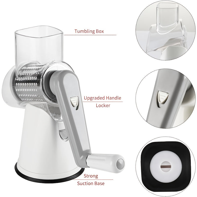 Râpe à fromage rotative manuelle avec 3 lames interchangeables - Base à ventouse antidérapante, brosse de nettoyage incluse, pour fromage frais, légumes et noix, cadeau d'ustensile de cuisine