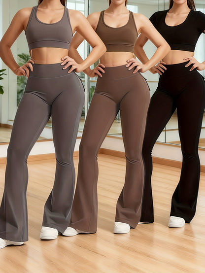 Lot de 3 pantalons évasés taille haute pour femmes – Leggings cargo de sport décontractés, gainants, galbants et séchage rapide, coupe longue, noir, gris, vert